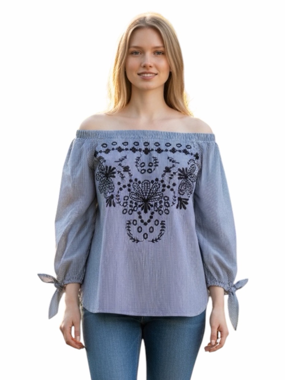 Crown & Ivy Striped Off-the-Shoulder Embroidered Boho Blouse Womens Medium Blue